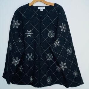 August Max Woman 100% Wool Sequin Snowflake Sweater - Full Zip - Women's Size 2X